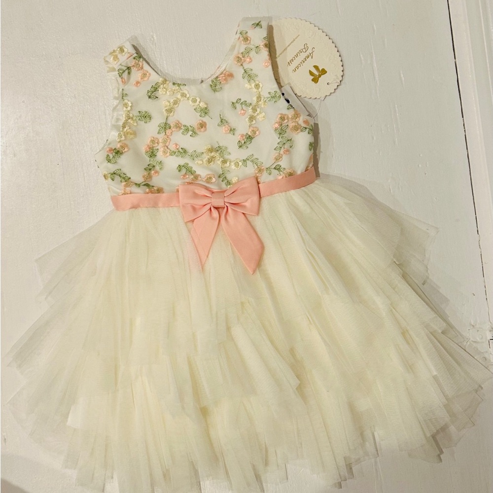 American Princess Cream Floral Dress with Pink Bow
